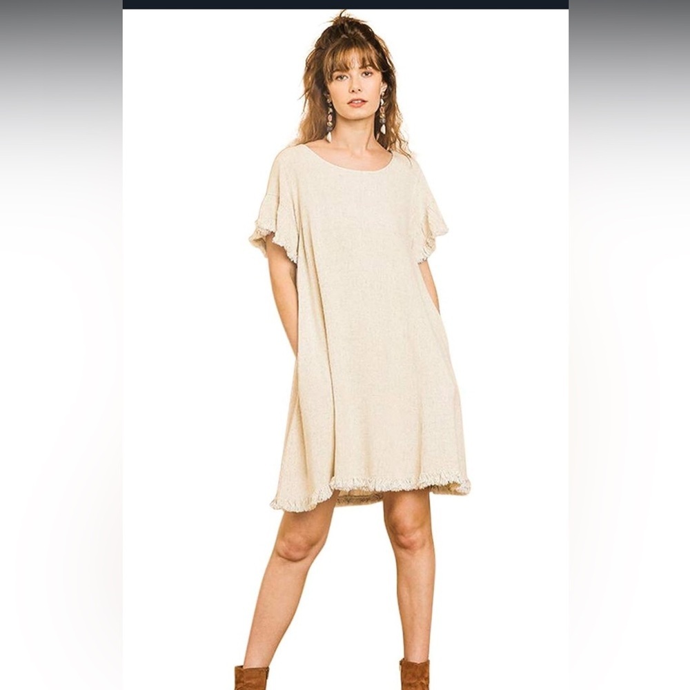 USA Frayed Hem Sleeve Round Neck A-line Dress with side pockets size M